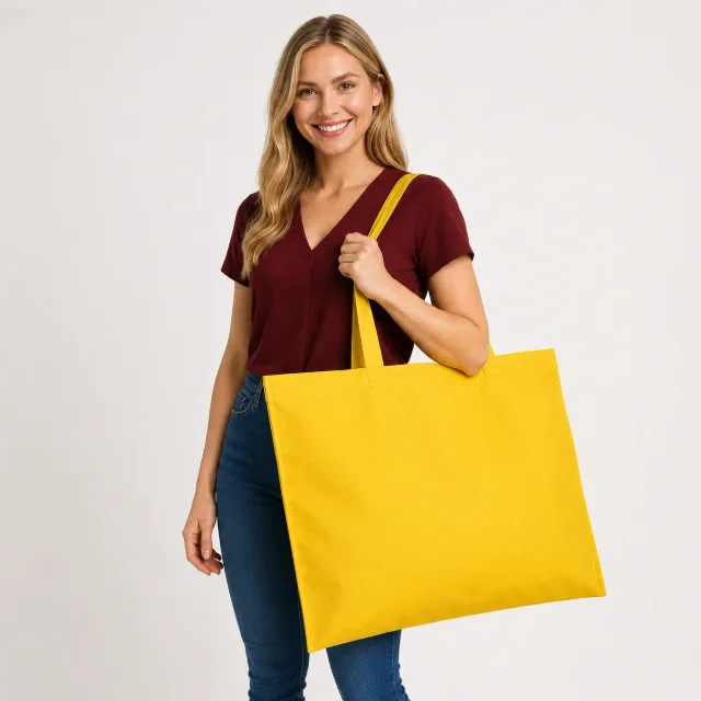 Mujer sonriente con una bolsa de friselina amarilla colgada del hombro