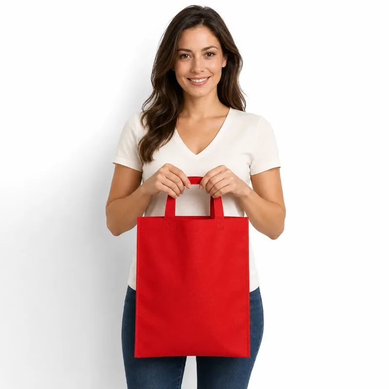 Mujer sosteniendo una bolsa de friselina roja con manijas cortas