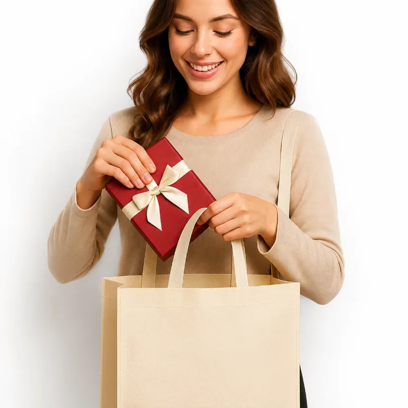 Mujer sonriente guardando una caja de regalo roja con moño en una bolsa de friselina color crudo
