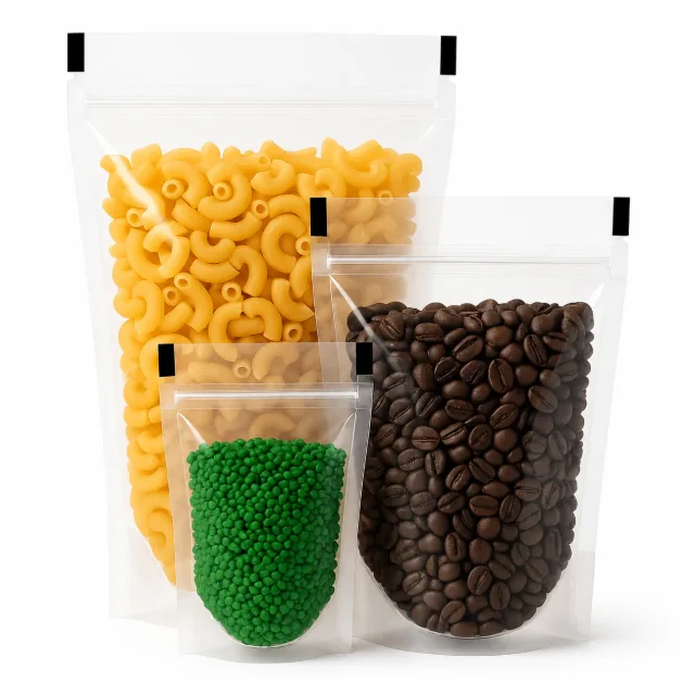 Tres bolsas doypack transparentes de distintos tamaños con fideos, café en grano y granos verdes