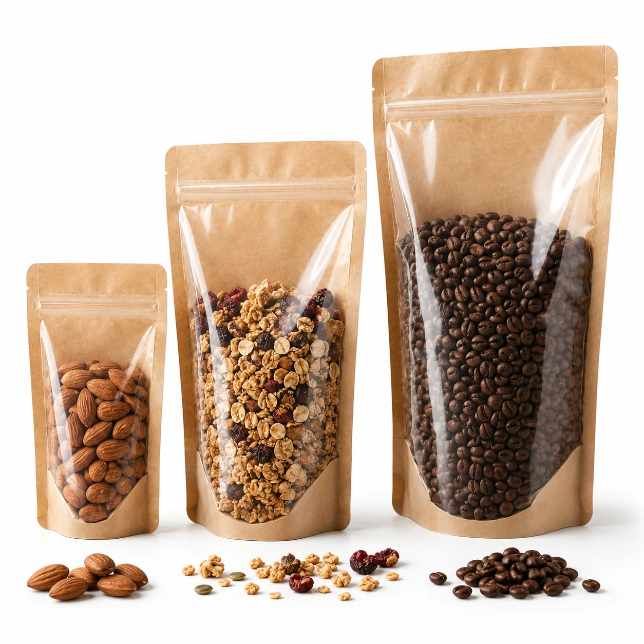 Doypack Kraft con Frente Transparente · 3 medidas