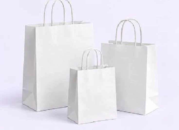 Tres bolsas blancas de papel con manija retorcida, paradas, de tres tamaños y la más chica al frente