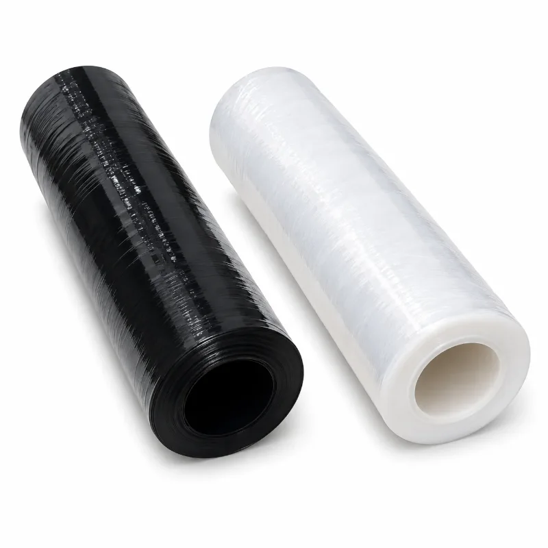 Dos rollos de film stretch, uno negro y otro transparente, con el hueco central a la vista
