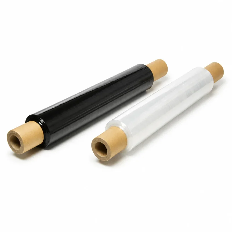 Dos rollos de film stretch con mango, uno negro y otro transparente, con el tubo de cartón sobresaliendo a ambos lados